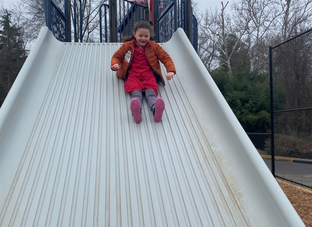 A smiling girl slides down the slide