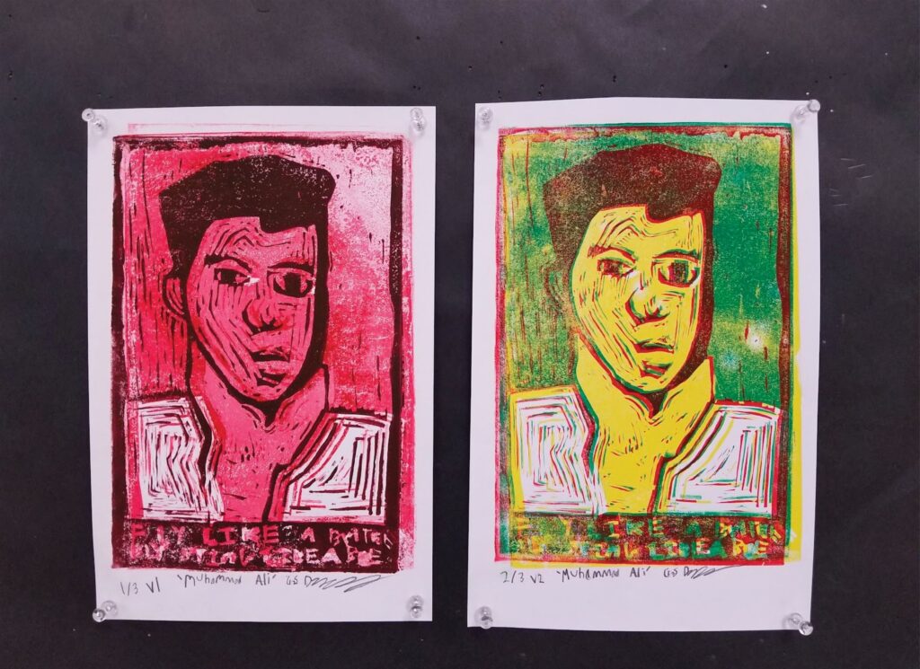 Two differently colored versions of an artistic rendering of Muhammad Ali