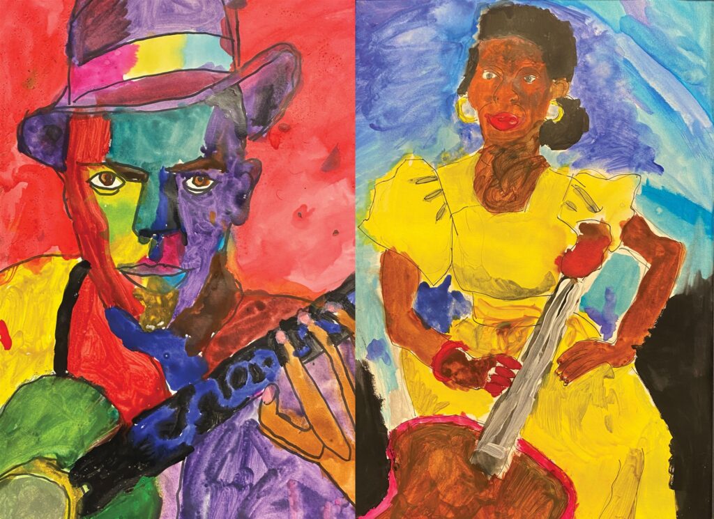 Two vibrantly colored abstract renditions of black musicians with guitars